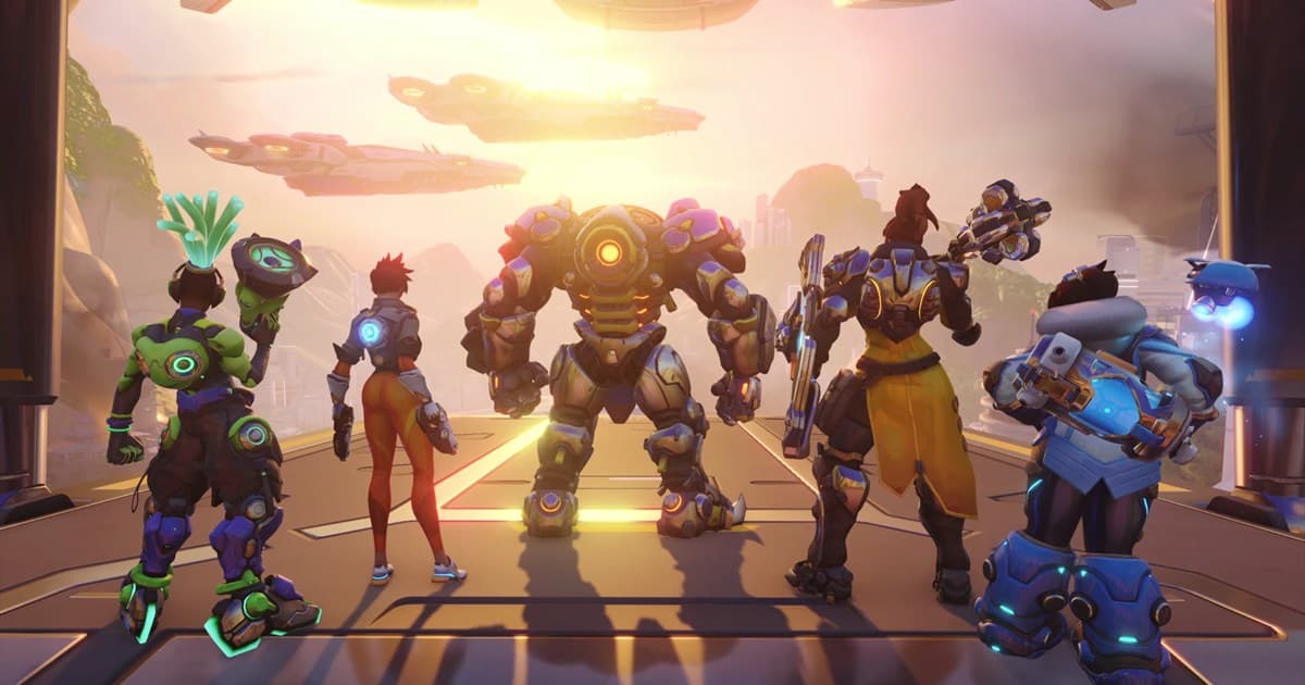 明るい都市の地平線へ向かって一緒に歩くOverwatchのヒーローたち