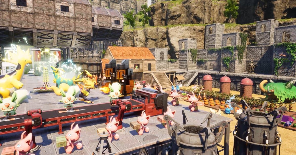 Official Palworld screenshot: a crowded base where many Pals work a conveyor-belt production line, generators and crop fields
