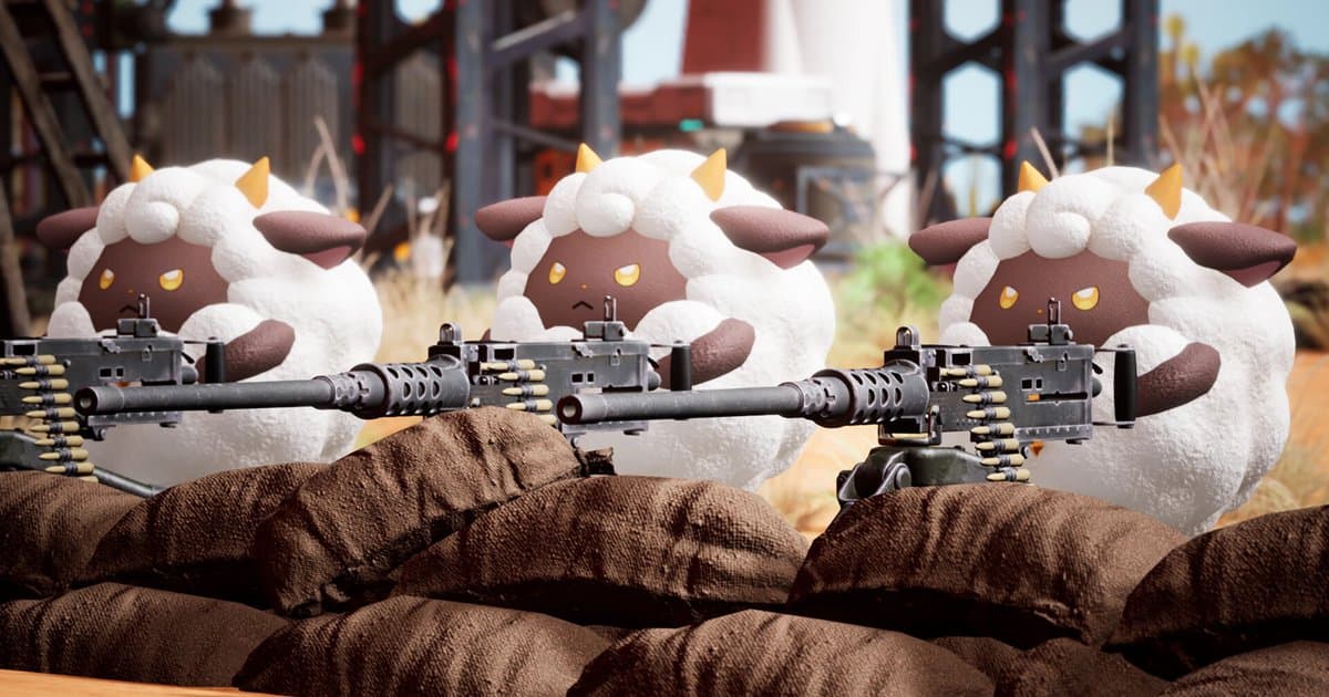 Official Palworld screenshot: three Lamballs manning heavy machine guns behind a row of sandbags