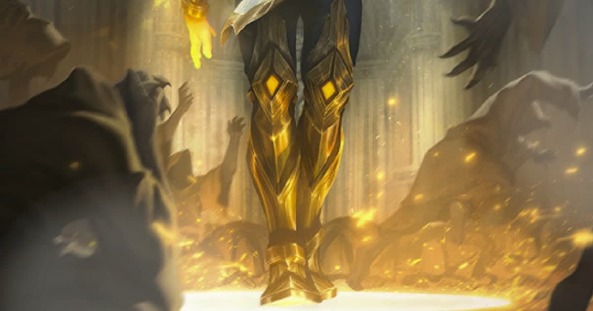 League of Legends champion art standing in a golden halo