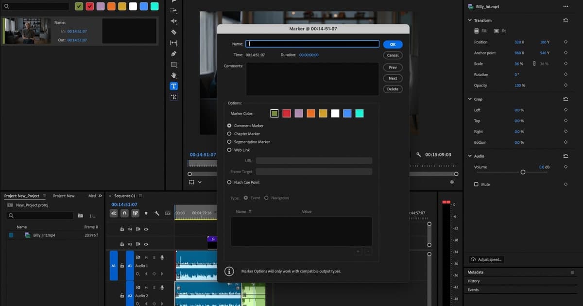 타임라인 위에 마커 대화상자가 열린 실제 Premiere Pro 편집 화면