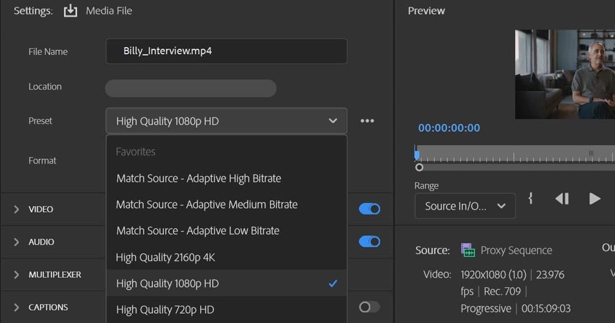 Match Source와 High Quality 1080p HD 프리셋 목록이 펼쳐진 실제 Premiere Pro 내보내기 설정 화면