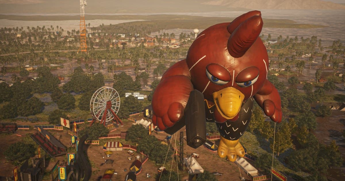 High aerial view over a PUBG: BATTLEGROUNDS map: a giant inflatable chicken floats above a carnival with a Ferris wheel, with a town and open water beyond