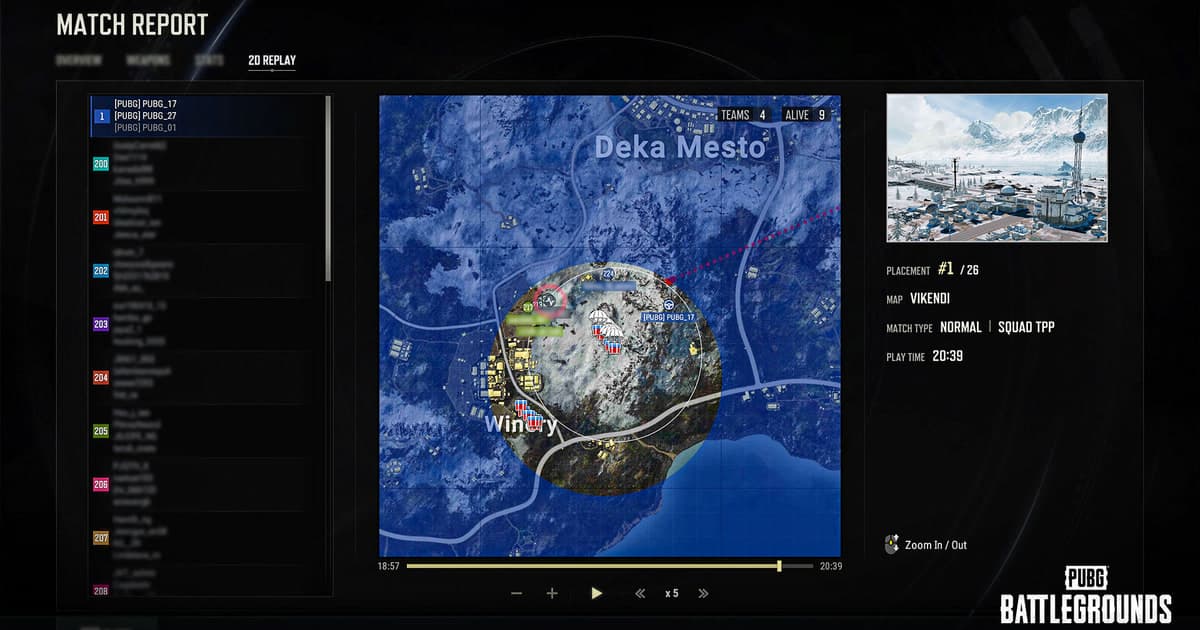 PUBG Match Report 2D Replay map showing movement paths and combat events
