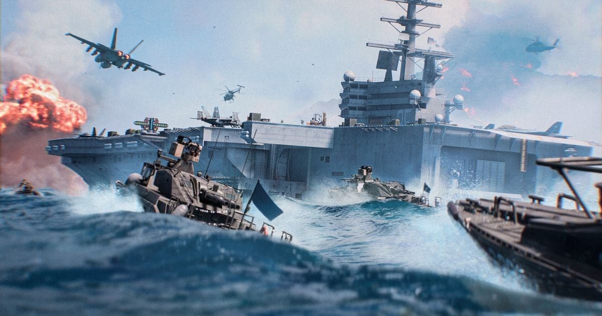 Actual Battlefield 6 gameplay — a naval clash with a landing craft cutting through the water beside an aircraft carrier as fighter jets fly past