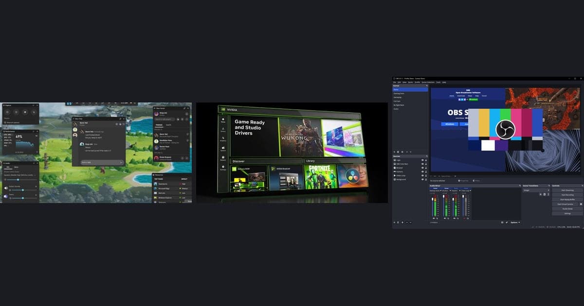 Windows 11에서 게임을 녹화하는 세 가지 도구 — Xbox Game Bar 화면, NVIDIA 앱 공식 이미지, OBS Studio 실제 화면을 나란히 놓은 이미지