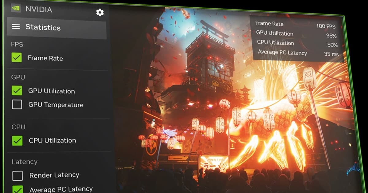 게임 화면 위에 통계 패널이 열린 실제 NVIDIA 앱 인게임 오버레이