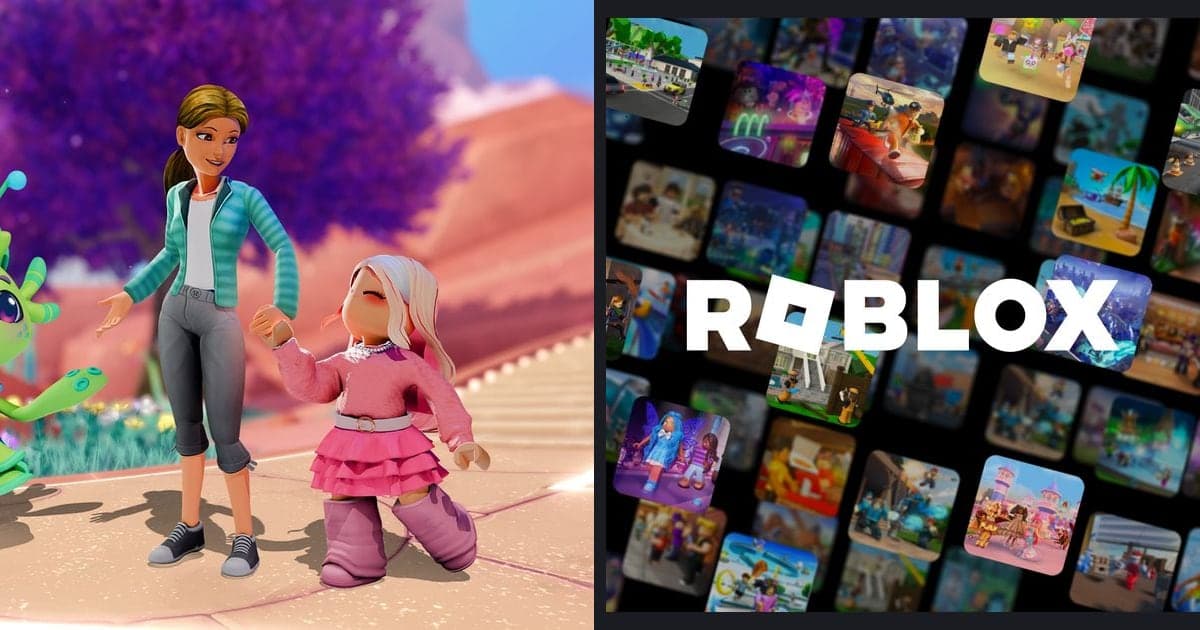 A side-by-side of an official Roblox image (avatar characters) and the official Roblox logo with game thumbnails