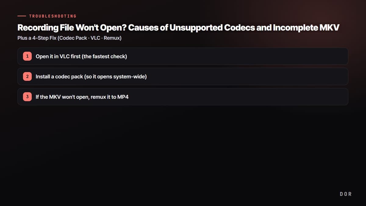 Recording File Won't Open? Causes of Unsupported Codecs and Incomplete MKV — step-by-step overview graphic
