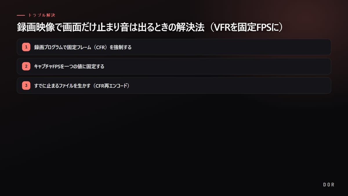 録画映像で画面だけ止まり音は出るときの解決法(VFRを固定FPSに) の手順まとめ図