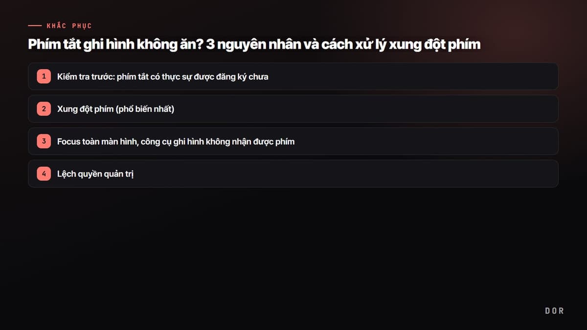 Phím tắt ghi hình không ăn? 3 nguyên nhân và cách xử lý xung đột phím — sơ đồ tóm tắt các bước