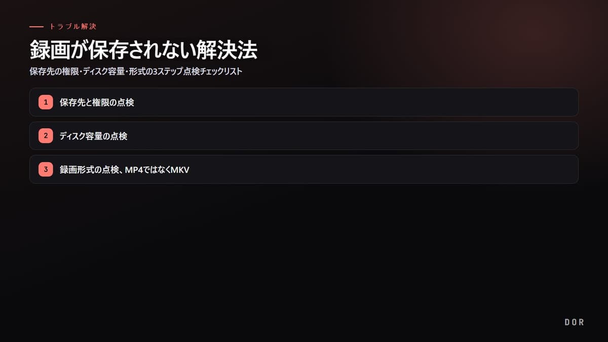 録画が保存されない解決法 の手順まとめ図