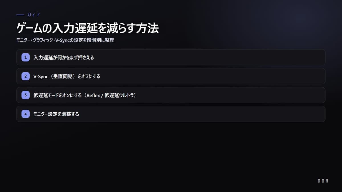 ゲームの入力遅延を減らす方法 の手順まとめ図