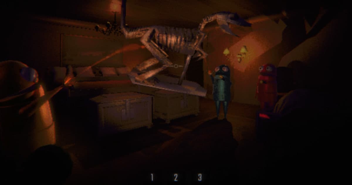 Official R.E.P.O. Steam screenshot: a dinosaur skeleton hanging in a dim museum hall with white crates below, a teal and a red crew robot standing on the right, and a third crew robot reaching in from the left foreground