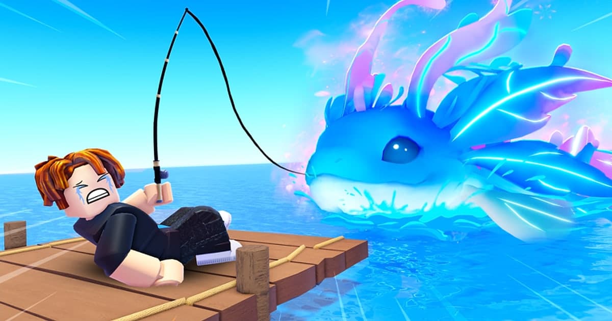 Offizielles Vorschaubild von Fish It! mit einer Figur, die auf dem Meer einen riesigen Fisch angelt
