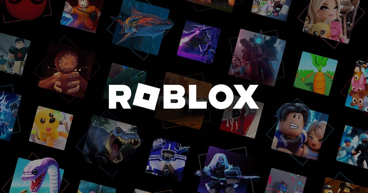 Das Roblox-Logo über einem Raster aus Vorschaubildern von Erlebnissen (offizieller Roblox-Newsroom)