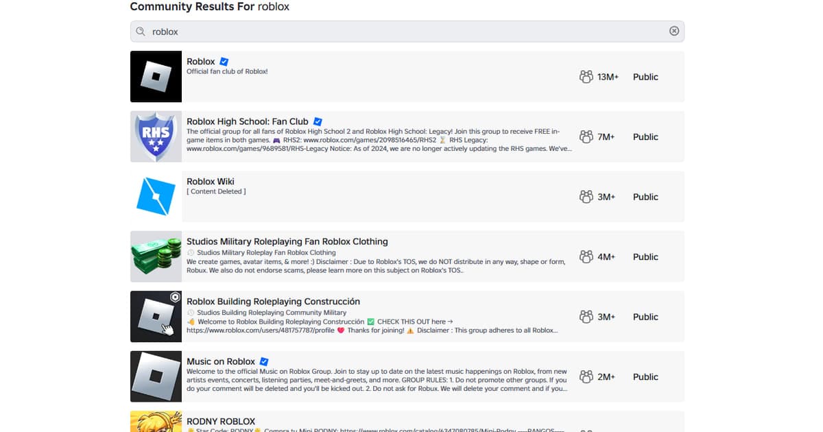 Roblox Community Results page listing the verified Roblox community and other groups
