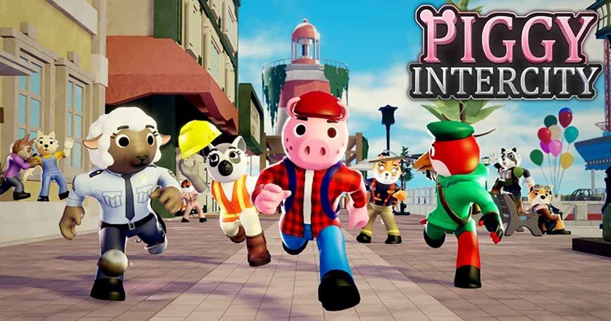 여러 캐릭터가 함께 달려 나오는 Piggy: Intercity 키 아트(로블록스 공식 뉴스룸)