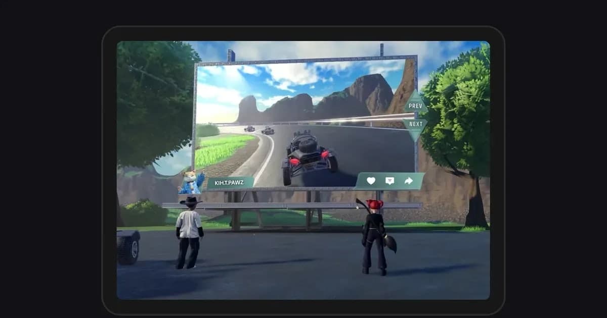 Tablet yang menampilkan video capture Roblox di layar besar di dalam experience (newsroom resmi Roblox)