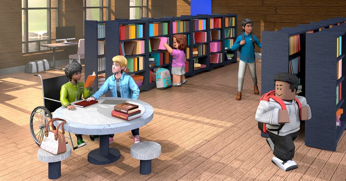 Roblox-Avatare sitzen in einer Bibliothek um einen Tisch und unterhalten sich (offizieller Roblox-Newsroom)