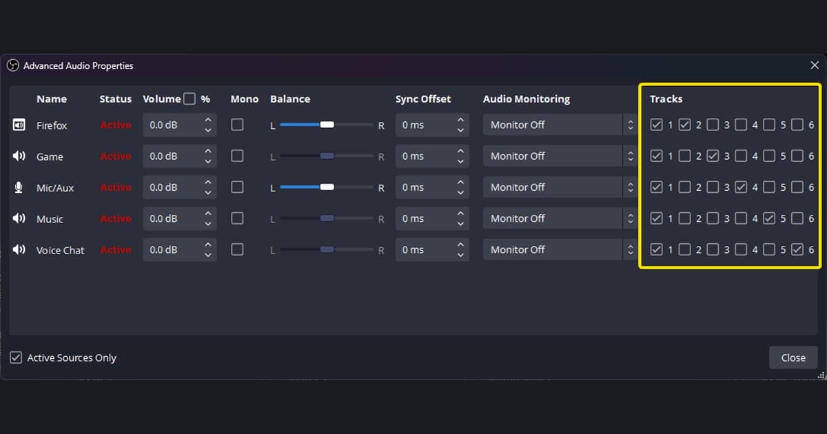 OBS Advanced Audio Properties assigning game, microphone, music, and voice chat to separate tracks