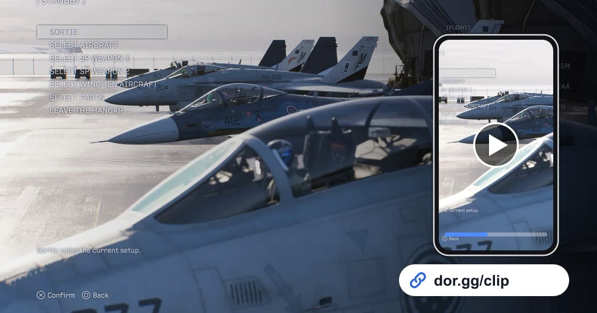 Gameplay-Bild aus ACE COMBAT 8: WINGS OF THEVE mit einem Smartphone, das den Clip abspielt, und einem dor.gg-Teilen-Link