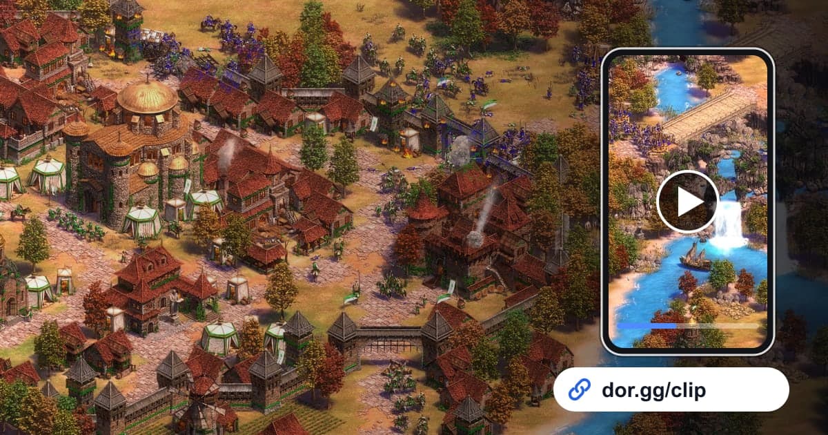 Age of Empires II: Definitive Edition gameplay art with a phone playing the clip and a dor.gg share link