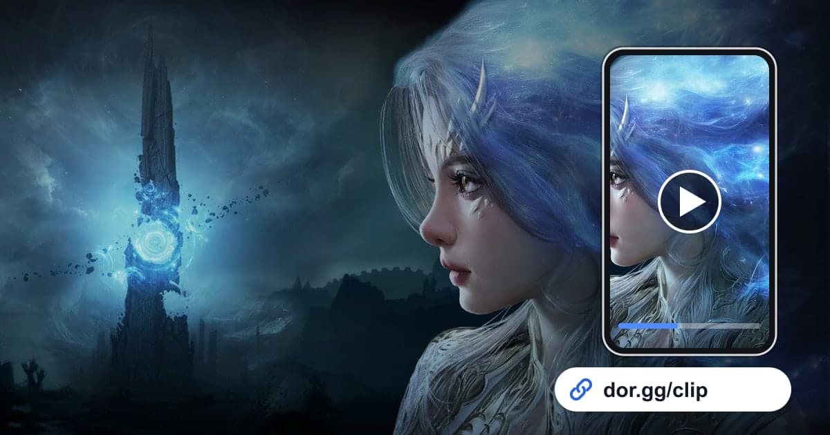 Gameplay-Bild aus AION 2 mit einem Smartphone, das den Clip abspielt, und einem dor.gg-Teilen-Link