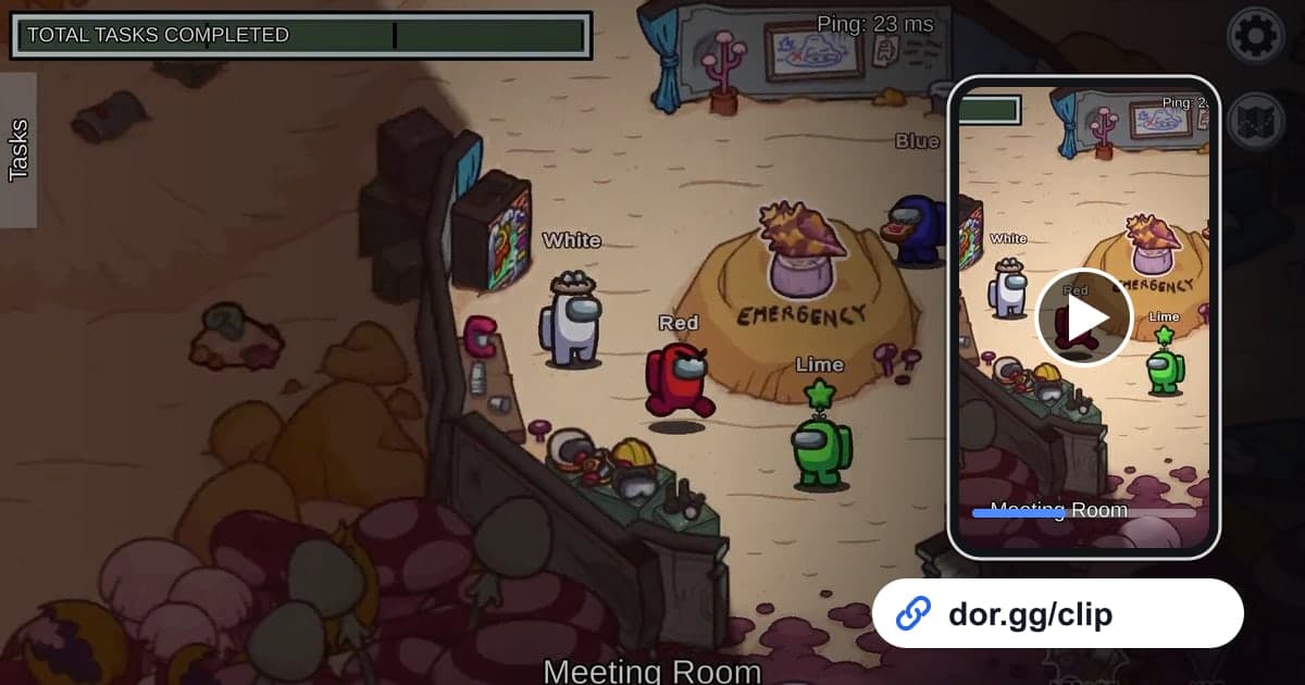 Among Us gameplay art with a phone playing the clip and a dor.gg share link