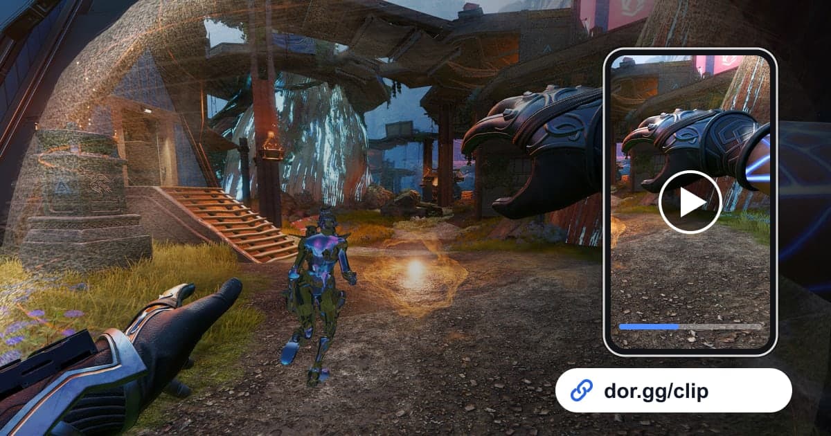 エーペックスレジェンズのゲーム画面に、動画を再生するスマートフォンとdor.ggリンクを重ねた画像