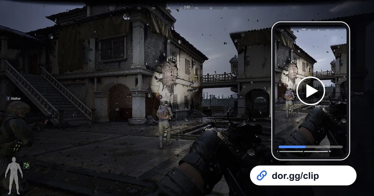 Arena Breakout: Infiniteのゲーム画面に、動画を再生するスマートフォンとdor.ggリンクを重ねた画像