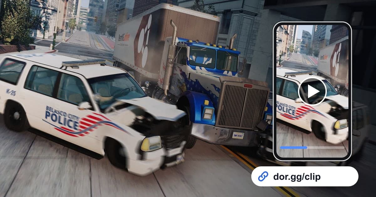 Arte de BeamNG.drive con un celular reproduciendo el clip y un enlace para compartir de dor.gg