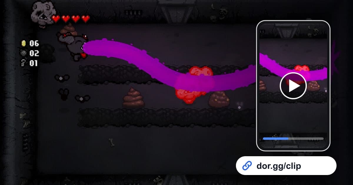 The Binding of Isaac: Rebirthのゲーム画面に、動画を再生するスマートフォンとdor.ggリンクを重ねた画像