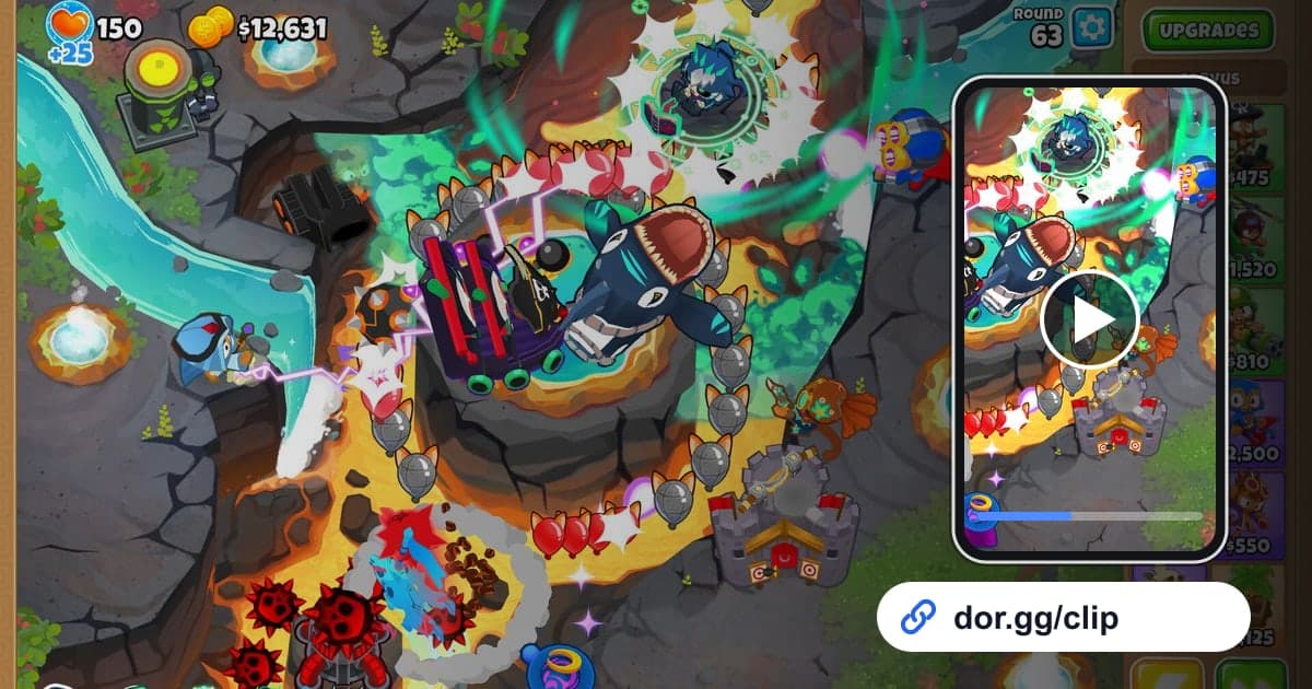 Gameplay-Bild aus Bloons TD 6 mit einem Smartphone, das den Clip abspielt, und einem dor.gg-Teilen-Link