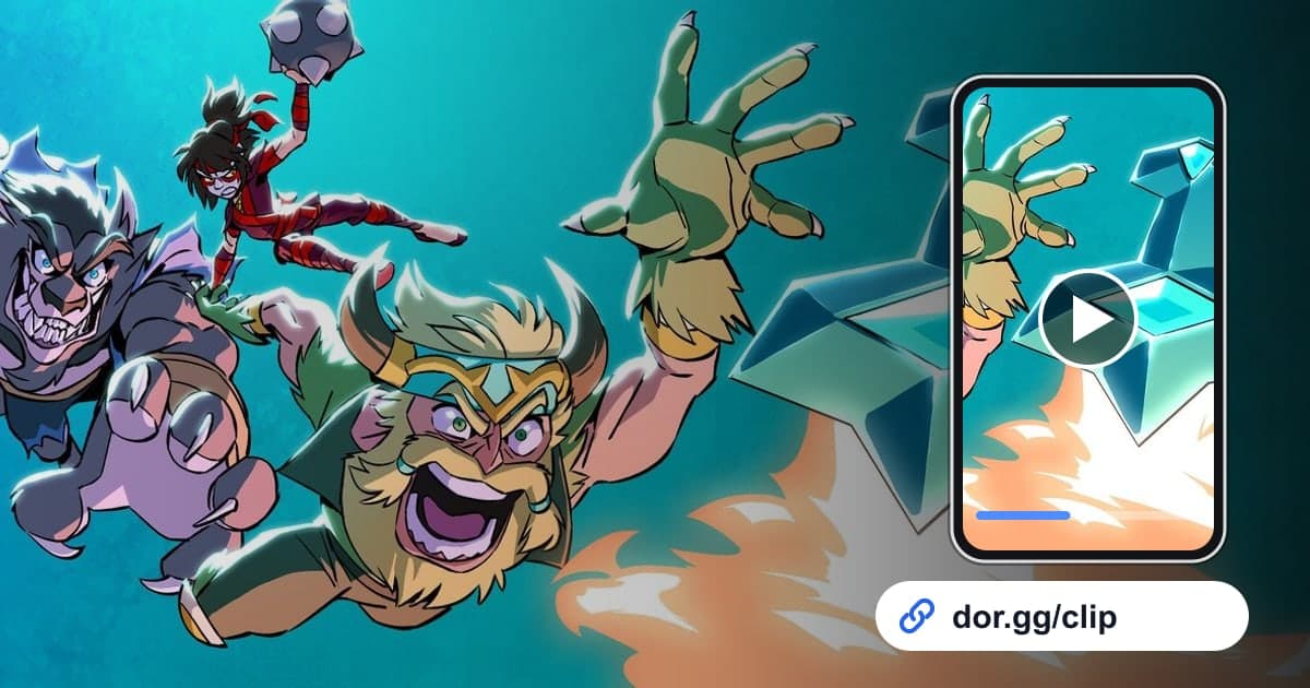 Brawlhallaのゲーム画面に、動画を再生するスマートフォンとdor.ggリンクを重ねた画像