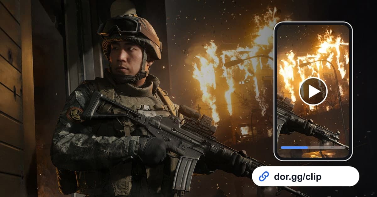 Call of Duty-Artwork mit einem Smartphone, das den Clip abspielt, und einem dor.gg-Teilen-Link
