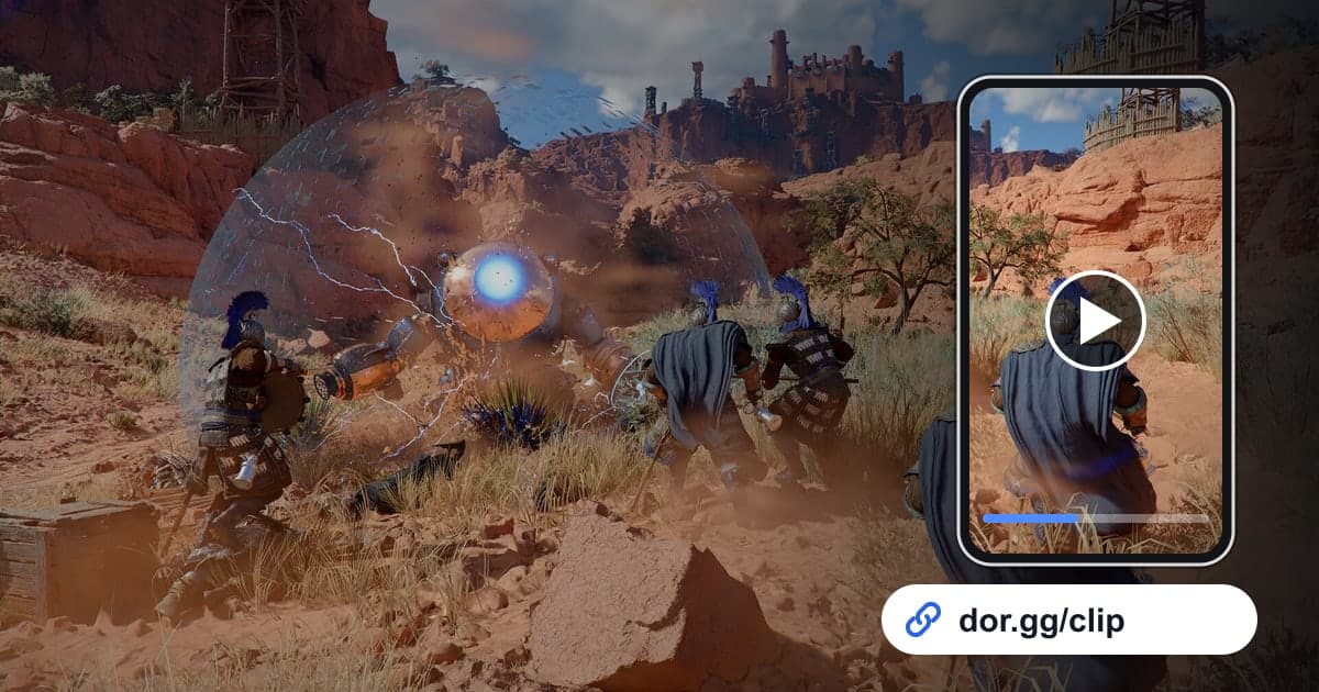 Arte de gameplay de Crimson Desert con un celular reproduciendo el clip y un enlace de dor.gg para compartir