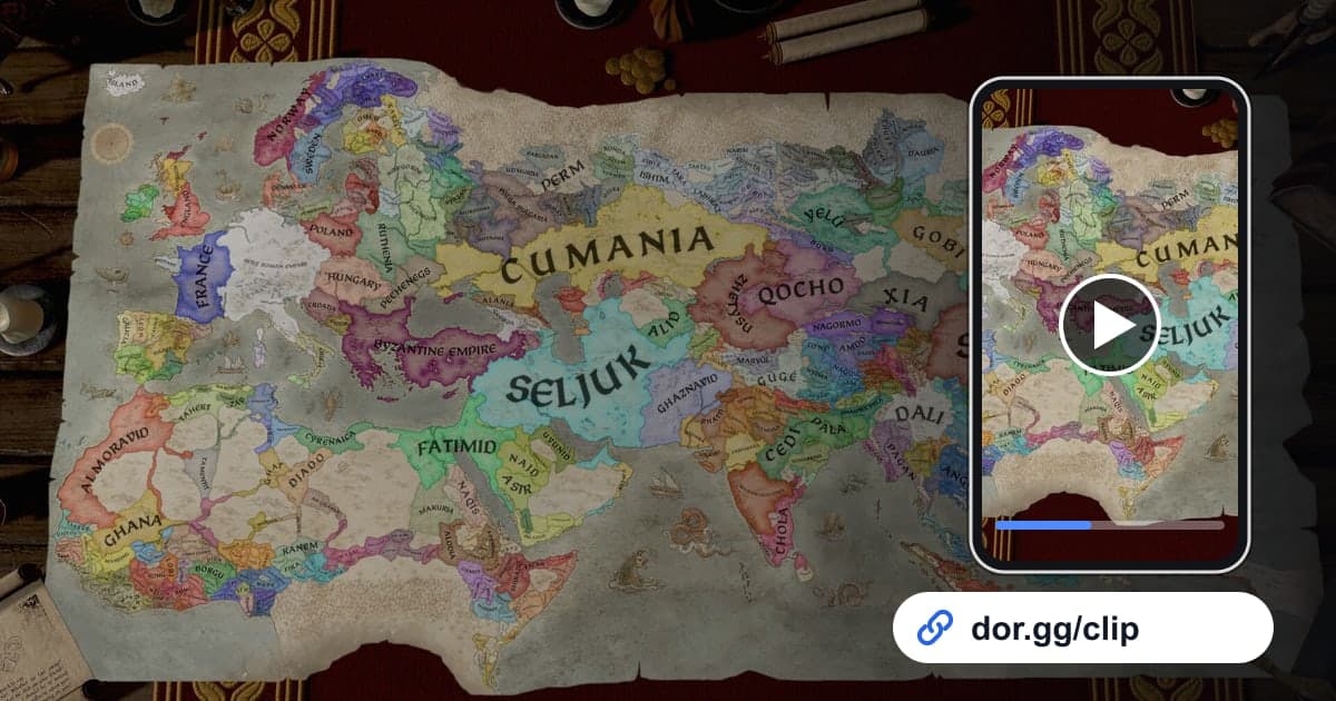 Arte de gameplay de Crusader Kings III con un celular reproduciendo el clip y un enlace de dor.gg para compartir
