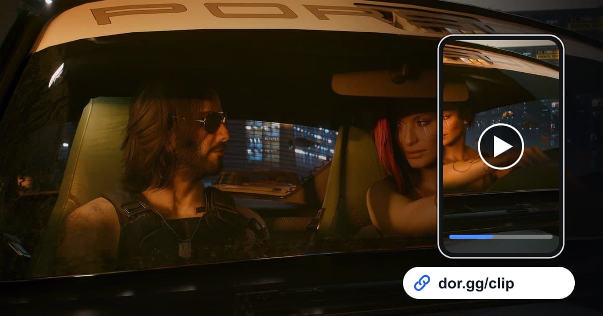 サイバーパンク2077のゲーム画面に、動画を再生するスマートフォンとdor.ggリンクを重ねた画像