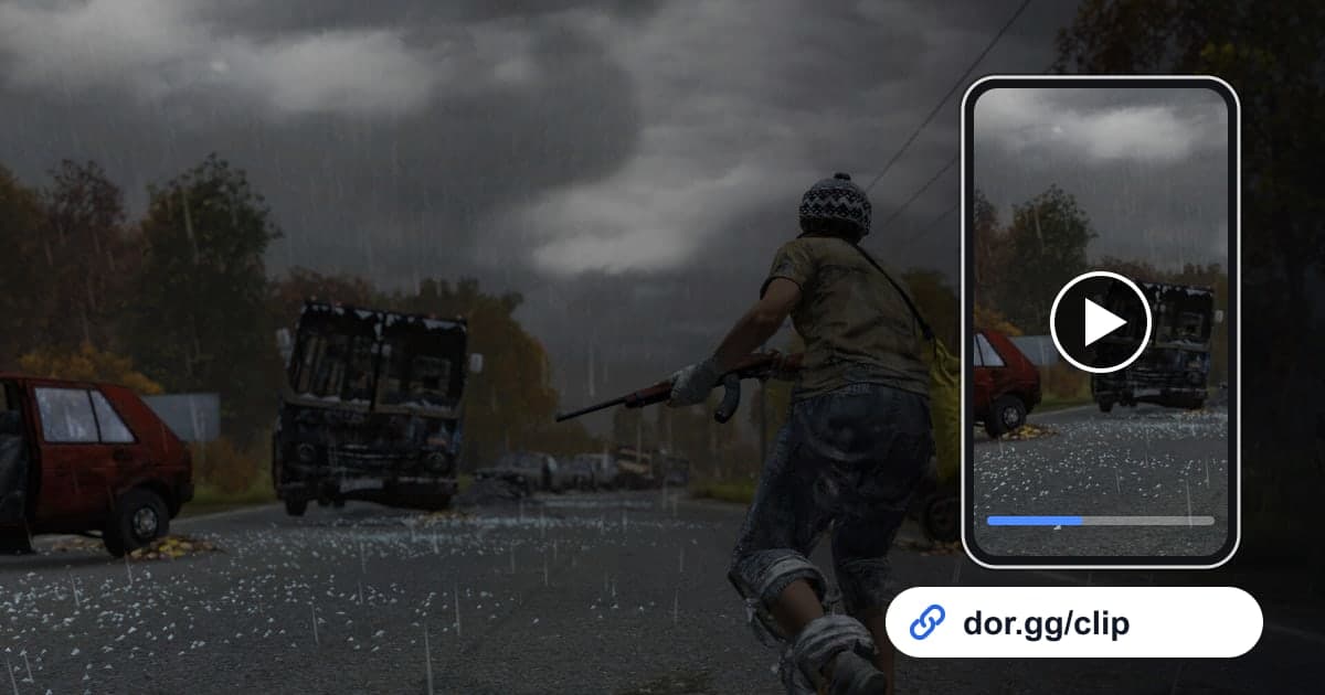 Artwork gameplay DayZ dengan ponsel yang memutar klip dan link share dor.gg