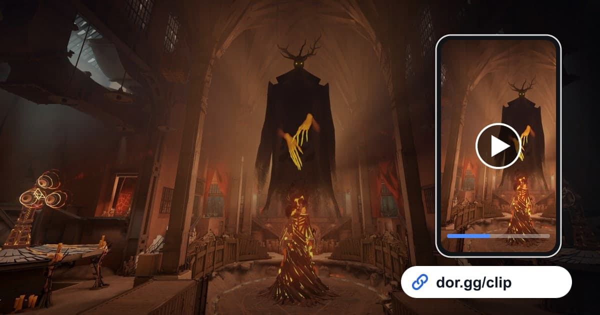 Arte de gameplay de Deadlock con un celular reproduciendo el clip y un enlace para compartir de dor.gg