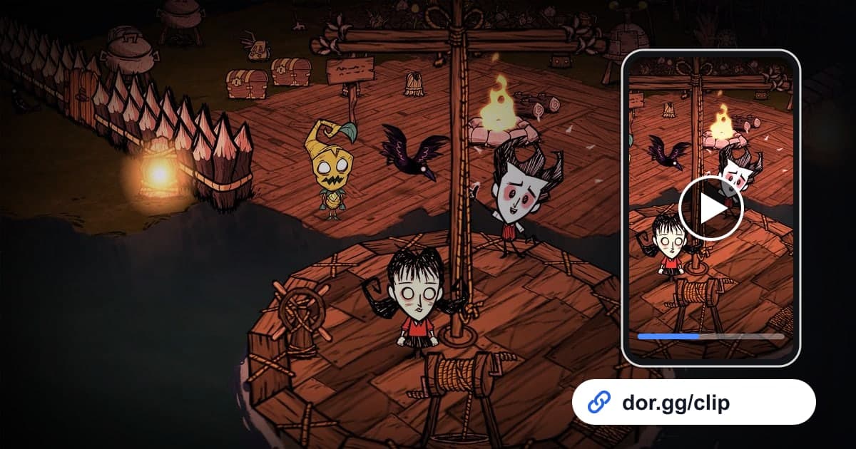 Arte de Don't Starve Together con un celular reproduciendo el clip y un link para compartir de dor.gg