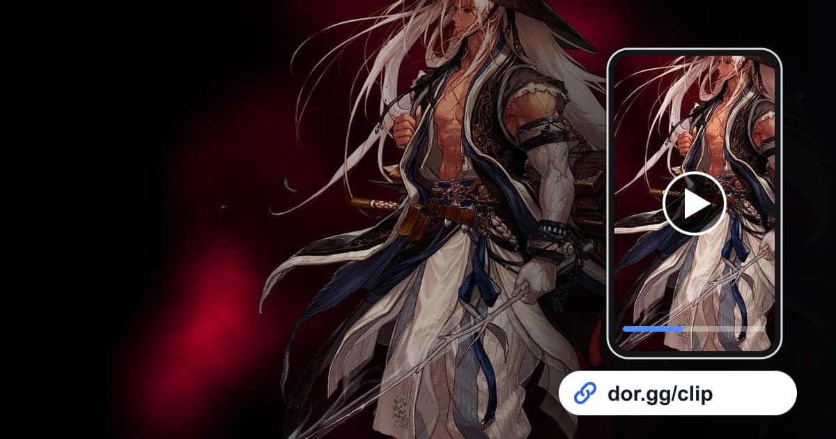 Arte de Dungeon & Fighter con un celular reproduciendo el clip y un link para compartir de dor.gg