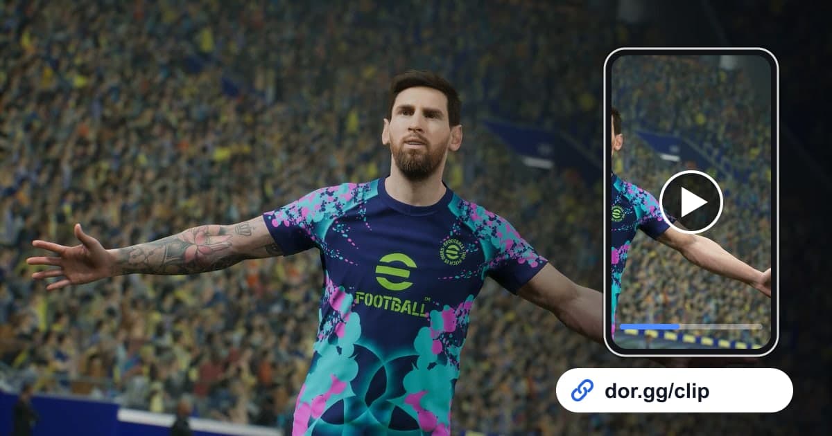 eFootball gameplay art with a phone playing the clip and a dor.gg share link