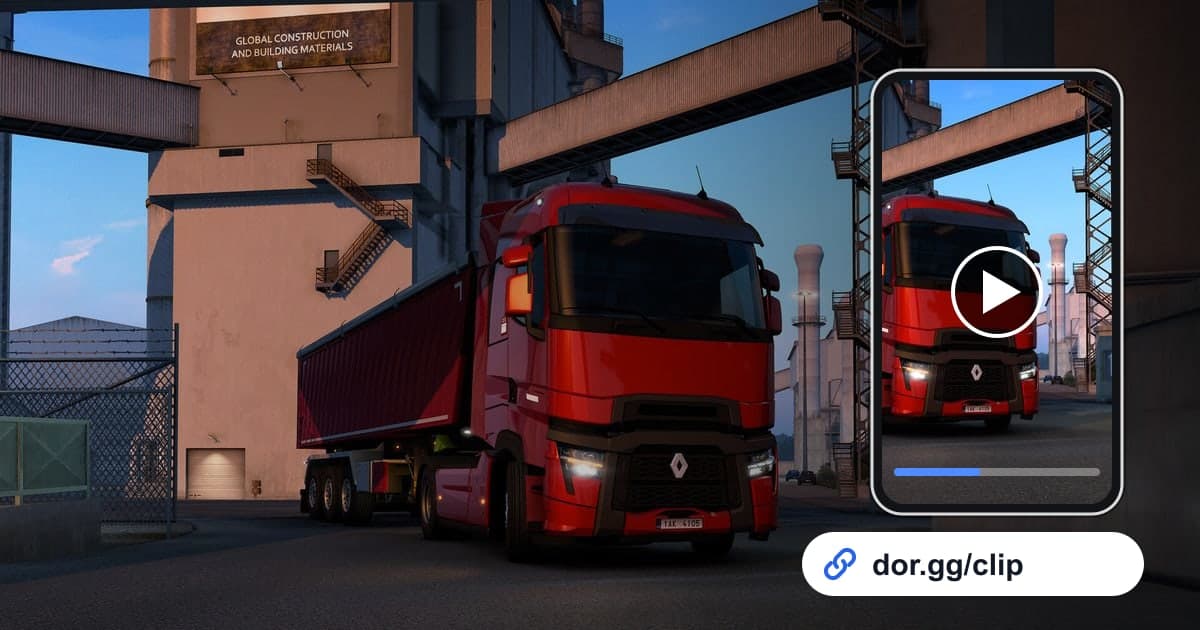 Euro Truck Simulator 2のゲーム画面に、動画を再生するスマートフォンとdor.ggリンクを重ねた画像