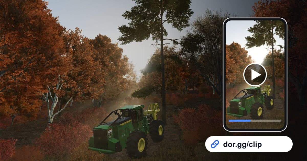 Farming Simulator 25のゲーム画面に、動画を再生するスマートフォンとdor.ggリンクを重ねた画像