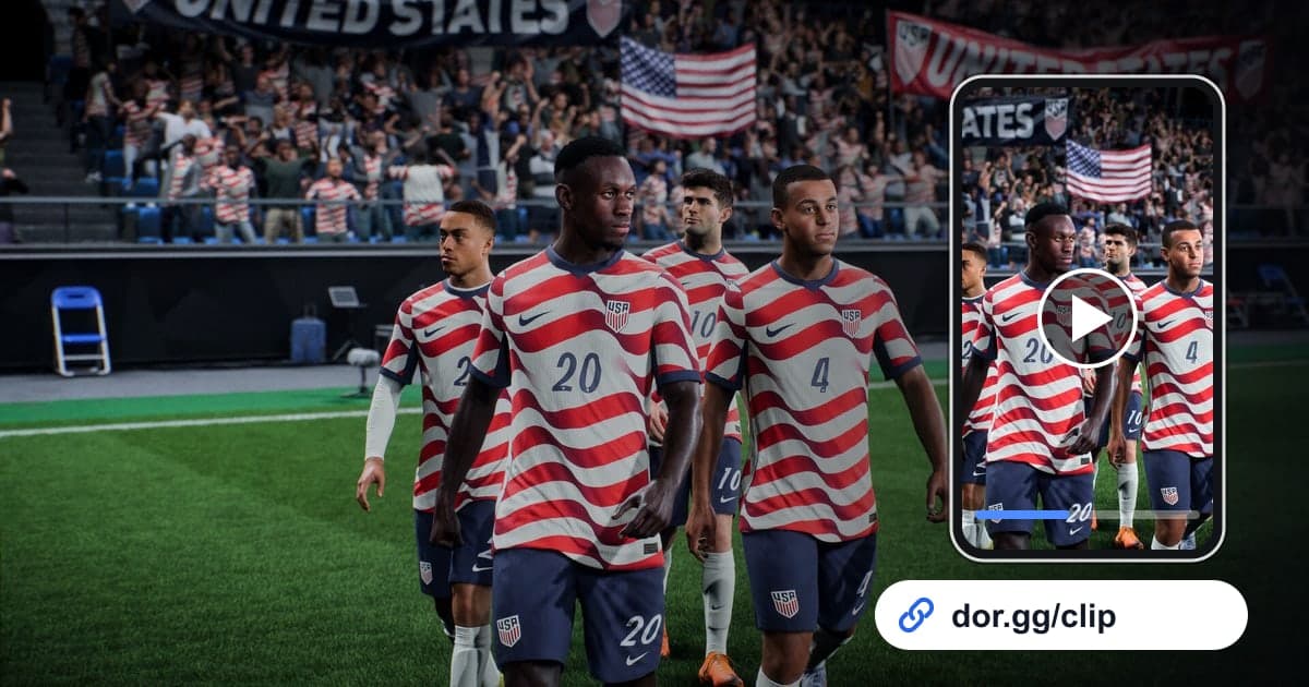 Artwork gameplay EA SPORTS FC 26 dengan ponsel yang memutar klip dan link share dor.gg