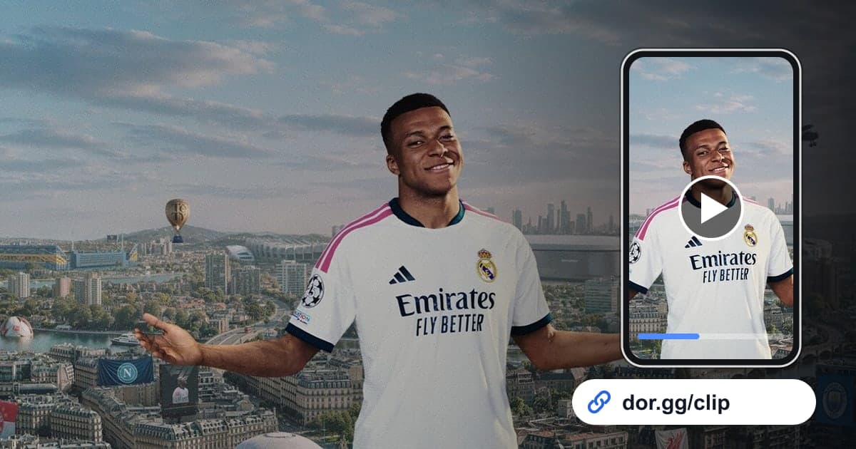 Arte de EA SPORTS FC 27 con un celular reproduciendo el clip y un link para compartir de dor.gg