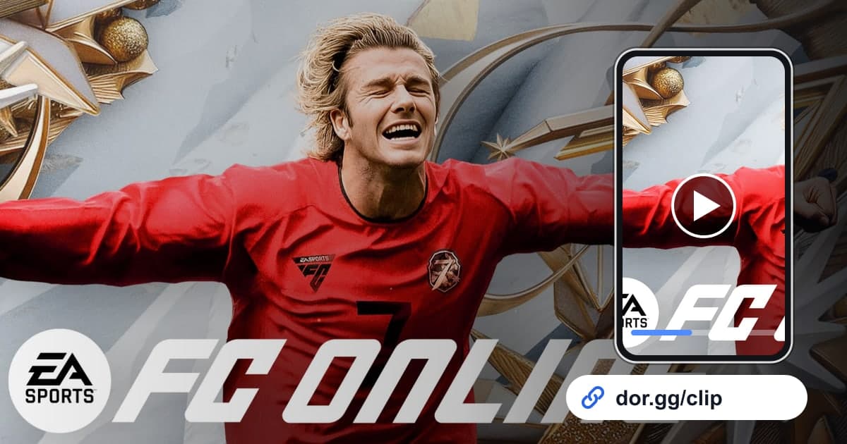 Arte de gameplay de FC Online con un celular reproduciendo el clip y un enlace para compartir de dor.gg