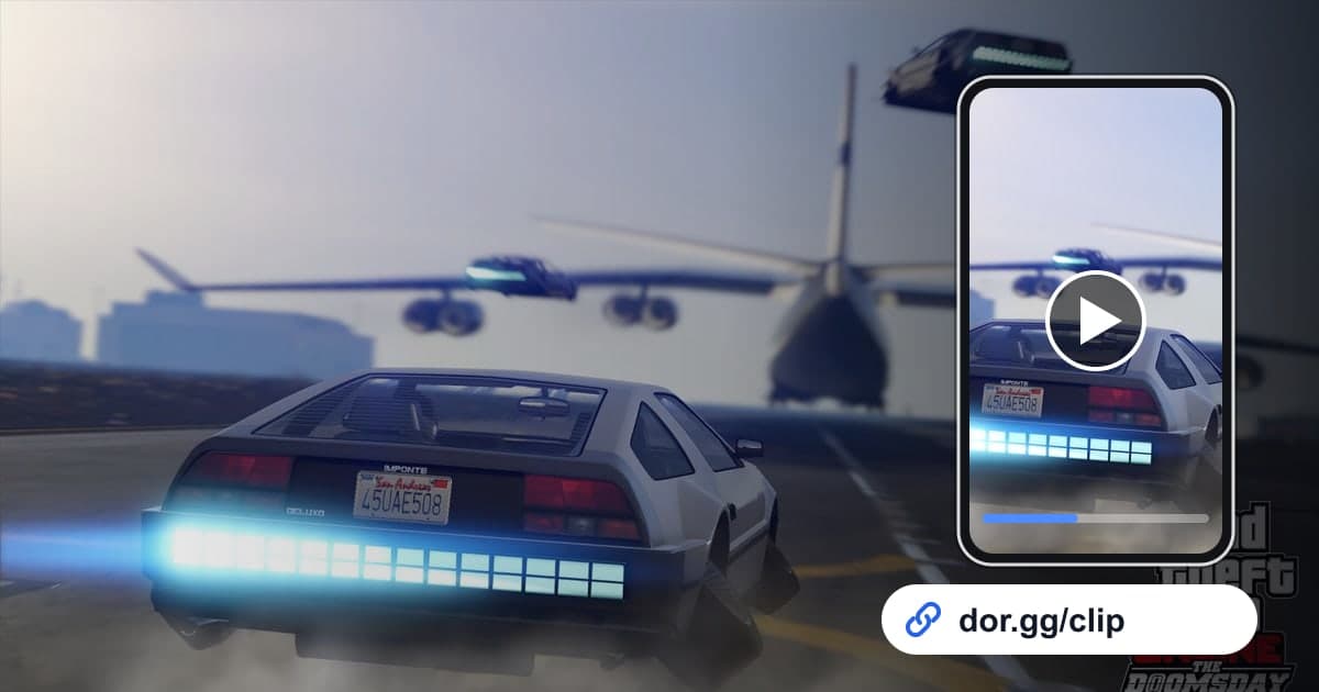 FiveMのゲーム画面に、動画を再生するスマートフォンとdor.ggリンクを重ねた画像